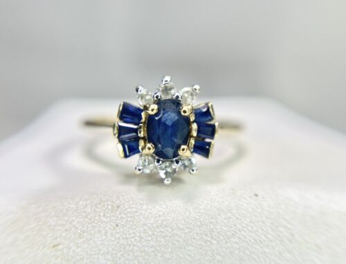 Vintage 14k Yellow Gold Natural Oval Blue Sapphire Round Single Cut Diamond Ring