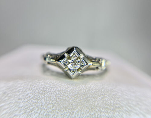 Art Deco 18k White Gold Old Miner Natural Diamond Filigree Small Engagement Ring