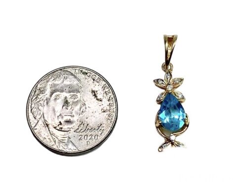 Vintage 10k Yellow Gold Pear Shape Blue Topaz Natural Round Diamond Pendant