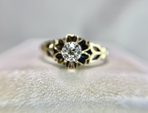 Vintage Art Deco 14k Yellow Gold Old European Diamond Solitaire Engagement Ring