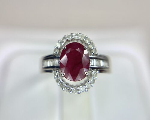 Vintage 14k White Gold Natural Oval Red Ruby Round Baguette Diamond Ring