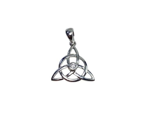 14k White Gold Irish Trinity Knot Round Natural Diamond Pendant