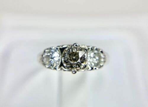 Vintage 14k White Gold Round Old European Diamond Three Stone Engagement Ring