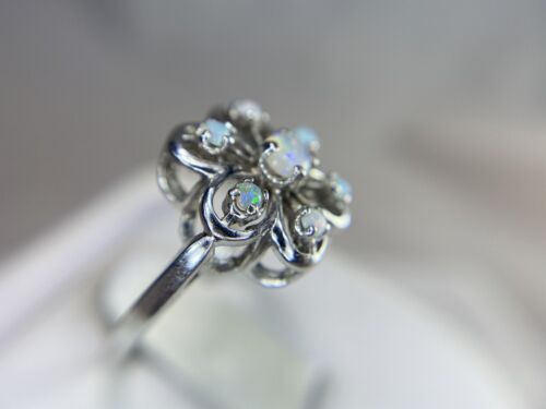 Vintage 14k White Gold Round White Opal Flower Shape Cocktail Ring