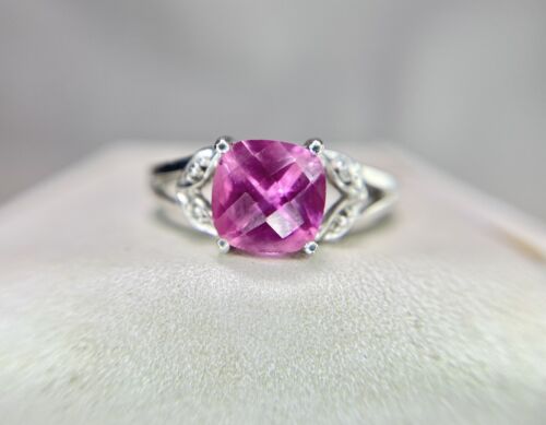 Vintage 10k White Gold Cushion Checkerboard Pink Topaz Round Diamond Ring