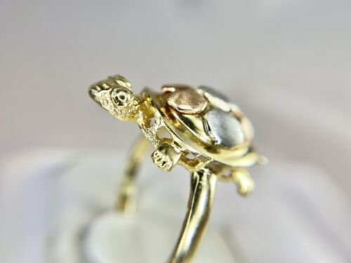 Vintage 14k Yellow Rose White Gold Hand Crafted Turtle Big Cocktail Ring