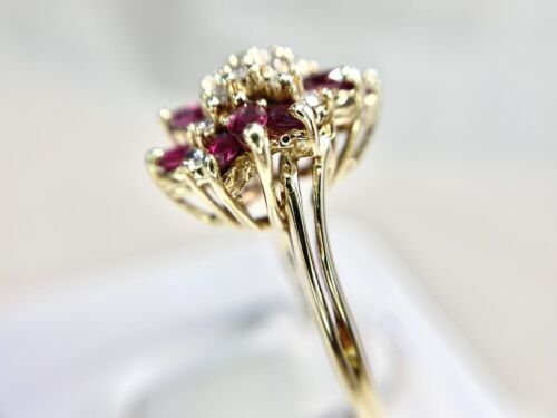 Vintage 14k Yellow Gold Natural Round Brilliant Diamond Red Garnet Cocktail Ring