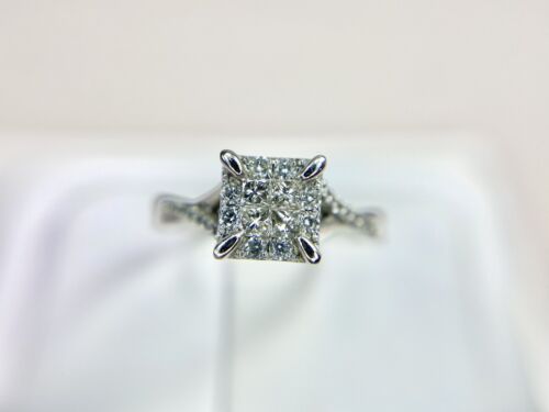 10k White Gold Designer Natural Princess Cut Round Diamond Halo Engagement Ring