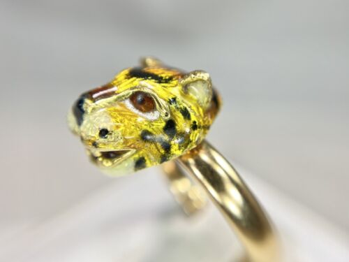 Vintage 14k Rose Gold Signed Designer Tiger Head Enamel Big Cocktail Ring