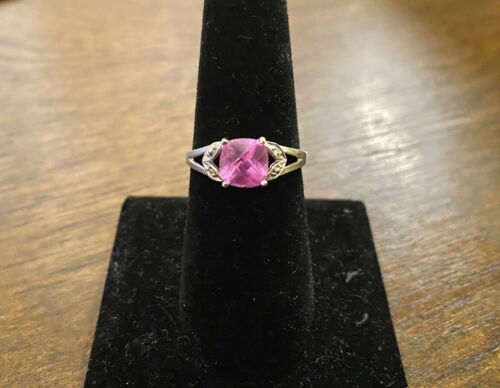 Vintage 10k White Gold Cushion Checkerboard Pink Topaz Round Diamond Ring