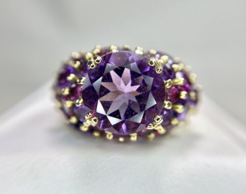 Vintage 10k Yellow Gold Round Natural Amethyst Big Statement Cocktail Ring