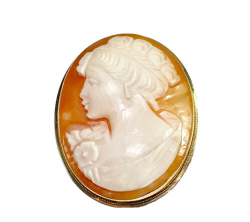 Vintage Art Deco 14k Yellow Gold Oval Shape Pink Lady Cameo Big Pin Pendant