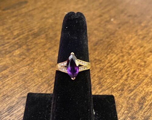 14k Yellow Gold Designer Natural Marquise Purple Amethyst Round Diamond Ring