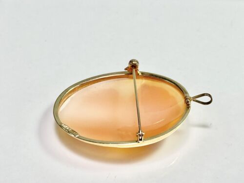 Vintage Art Deco 14k Yellow Gold Oval Shape Pink Lady Cameo Big Pin Pendant