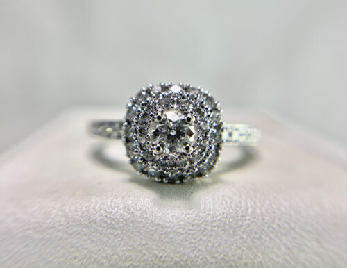 14k White Gold Natural Round Brilliant Diamond Double Halo Engagement Ring