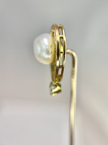 Art Deco 14k Yellow Gold Round White Pearl Old European Diamond Stick Pin