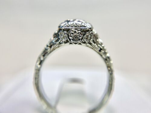 Art Deco 18k White Gold Natural Old European Diamond Engraved Engagement Ring