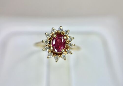 Vintage 14k Yellow Gold Oval Red Ruby Round Diamond Halo Small Cocktail Ring