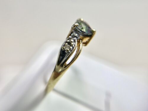 Vintage 10k Yellow Gold Heart Shape Mystic Topaz Round Single Cut Diamond Ring