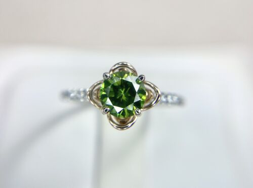 14k White Gold Natural Fancy Green Round Diamond Flower Engagement Ring