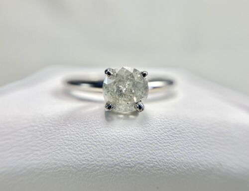 14k White Gold Natural Round Brilliant Rustic Diamond Solitaire Engagement Ring