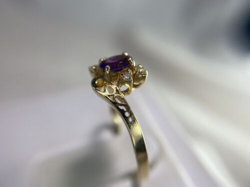 14k Yellow Gold Oval Purple Amethyst Round Diamond Filigree By-Pass Ring