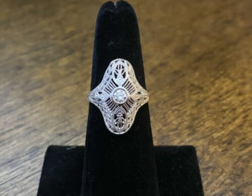 Art Deco 14k White Gold Natural Round Diamond Filigree Small Shield Ring