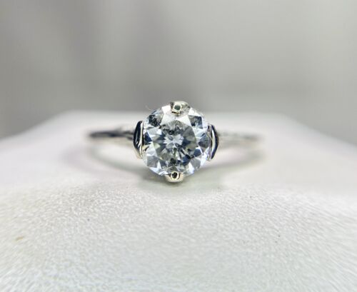 Vintage Art Deco White Gold Natural Round Diamond Filigree Engagement Ring