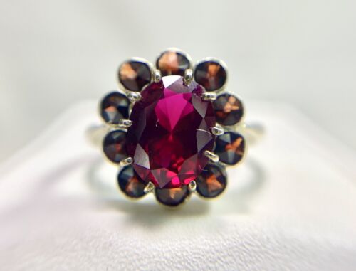 Vintage 10k White Gold German Signed Oval Round Rhodolite Garnet Halo Ring