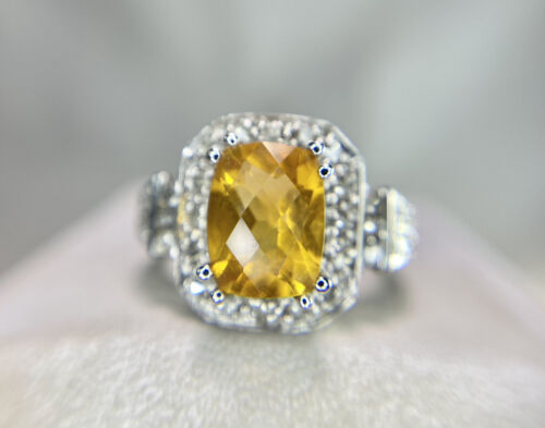 Vintage 14k White Gold Emerald Cut Orange Citrine Round Diamond Cocktail Ring