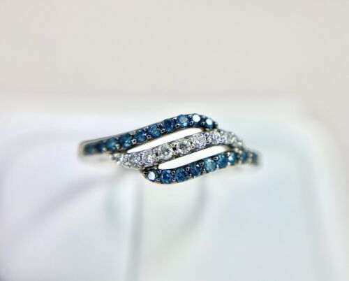 10k White Gold Natural Fancy Blue Color Round Brilliant Diamond Bypass Ring