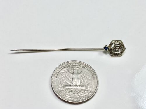 Vintage Art Deco 10k White Gold Round Diamond Blue Sapphire Stick Pin