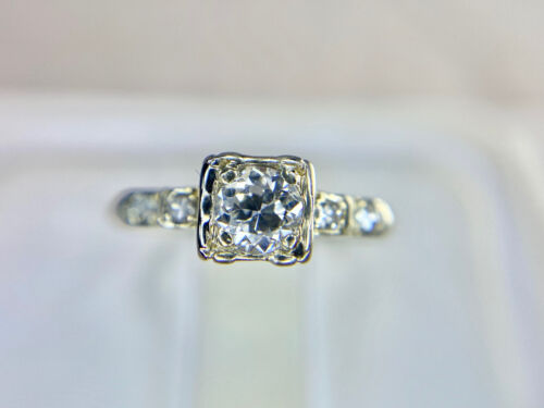 Vintage Art Deco 18k White Gold Round Old European Diamond Engagement Ring