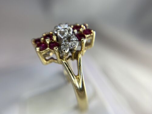 Vintage 14k Yellow Gold Natural Round Diamond Red Ruby Cocktail Ring 3/4 ct