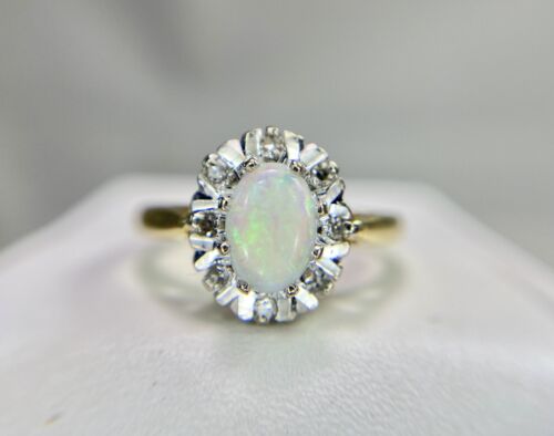 Vintage 18k Yellow Gold Natural Oval Opal Round Single Cut Diamond Halo Ring