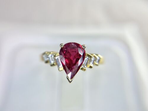 18k Yellow Gold Natural Pear Shape Red Rhodolite Garnet Baguette Diamond Ring 