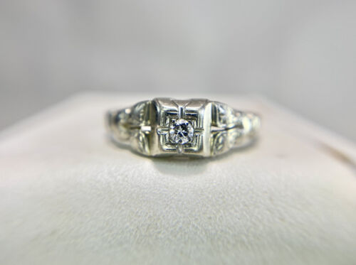 Art Deco 18k White Gold Natural Round Old European Diamond Small Engagement Ring