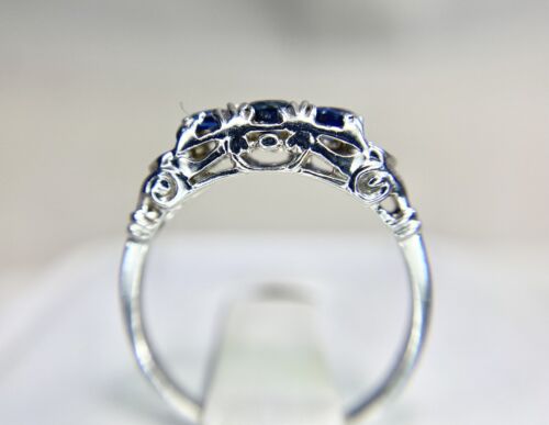 Vintage 18k White Gold Natural Round Blue Sapphire Diamond Filigree Ring