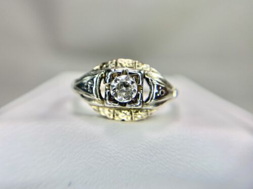 Art Deco 14k Yellow Gold Natural Round Old European Diamond Engagement Ring