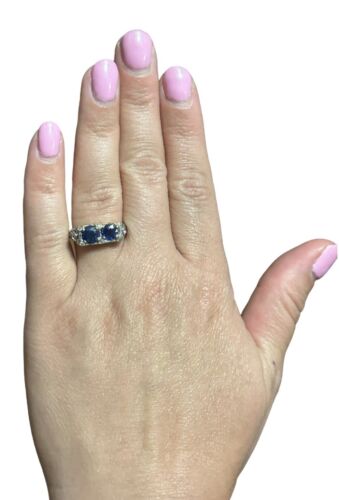 Art Deco Platinum Round Double Blue Sapphire Old European Diamond Filigree Ring