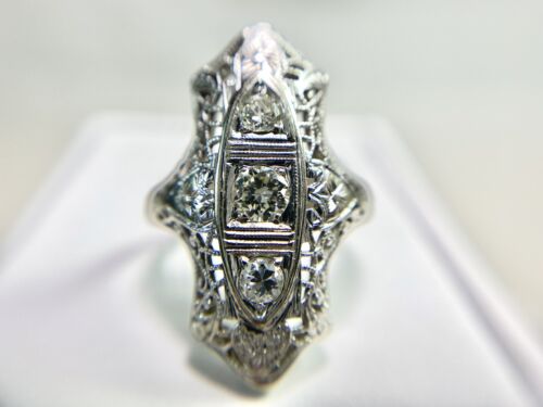 Art Deco 18k White Gold Natural Old European Diamond Shield Cocktail Ring