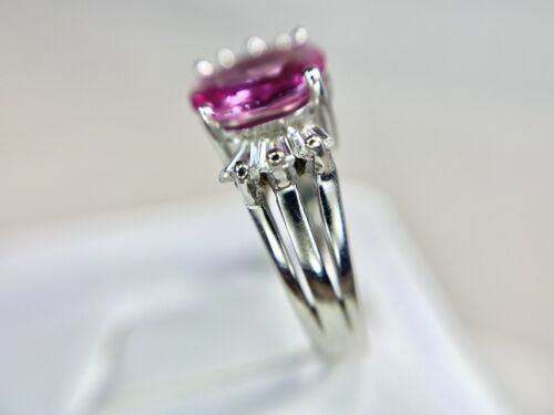 14k White Gold Natural Oval Pink Sapphire Baguette Diamond GIA Certified Ring