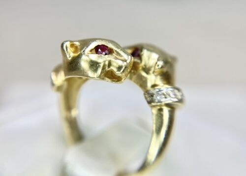 Vintage 14k Yellow Gold Natural Round Red Ruby Diamond Panther Head Ring