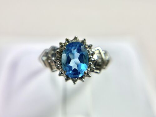 Vintage 10k White Gold Oval Blue Topaz Baguette Round Diamond Halo Cocktail Ring