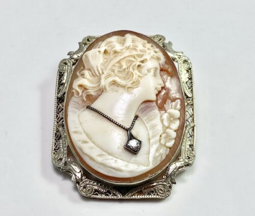 Art Deco 14k White Gold Natural Round Diamond Lady Cameo Filigree Pin Pendant