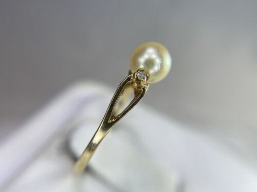 Vintage 10k Yellow Gold Round Cultured White Pearl Round Diamond Classic Ring