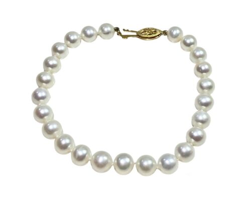 Vintage Art Deco 14k Yellow Gold Round White Cultured Pearl Bracelet