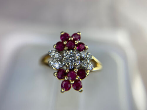 Vintage 14k Yellow Gold Natural Round Diamond Red Ruby Cocktail Ring 3/4 ct