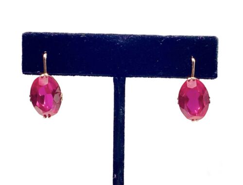 Vintage 14k Rose Gold Soviet Era Oval Red Rubellite European Style Earrings