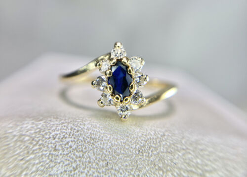 Vintage 14k Yellow Gold Natural Marquise Blue Sapphire Round Diamond Halo Ring